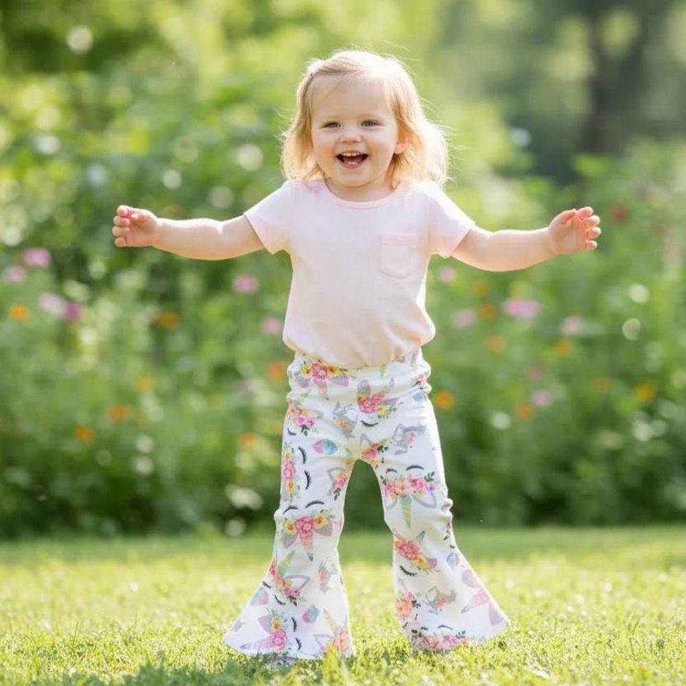 Toddler Unicorn Bell Bottom Pants 2T-5T | Flower Skull Boho Flares